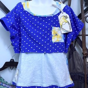 Girls Blue Polkadot shirt with Yellow Flowers